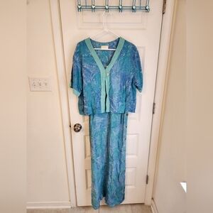 Vtg Blue Palm Trees 2 Piece Maxi Dress Set Cover Up Short Sleeve Size L #N919